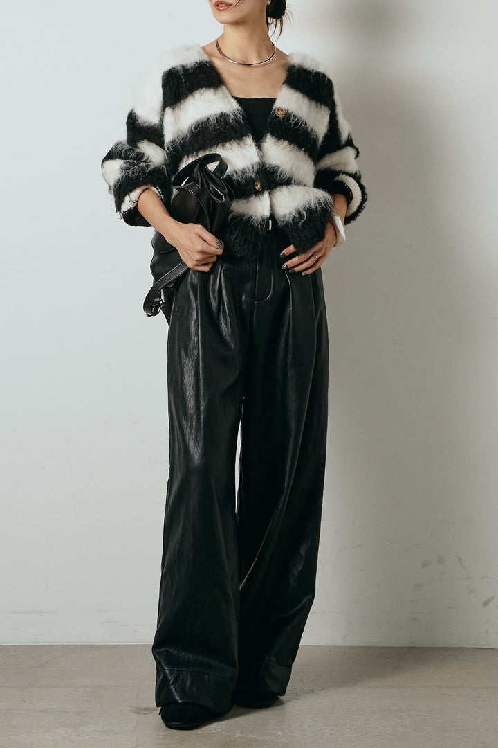 [SET]シャギーボーダー柄ニットカーディガン+ベルト付きレザーライクタックパンツ(2set)