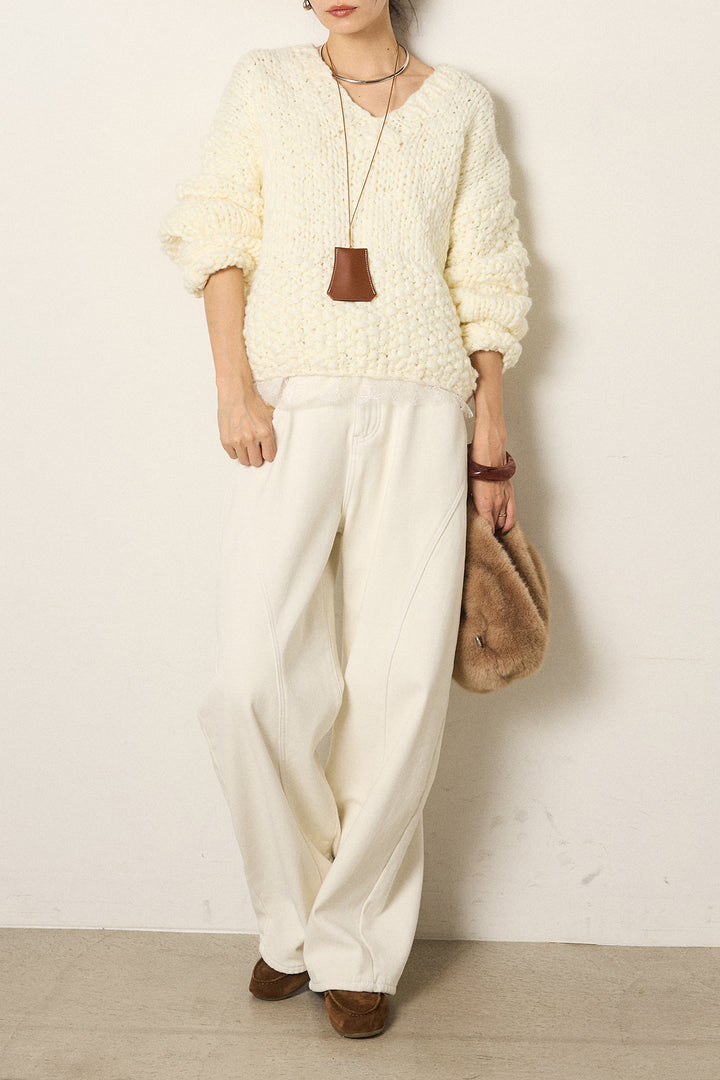 [SET]Vネックハンド編みニットトップス+ベルト付きカジュアルカーブワイドパンツ+レース切り替えキャミソール(3set)