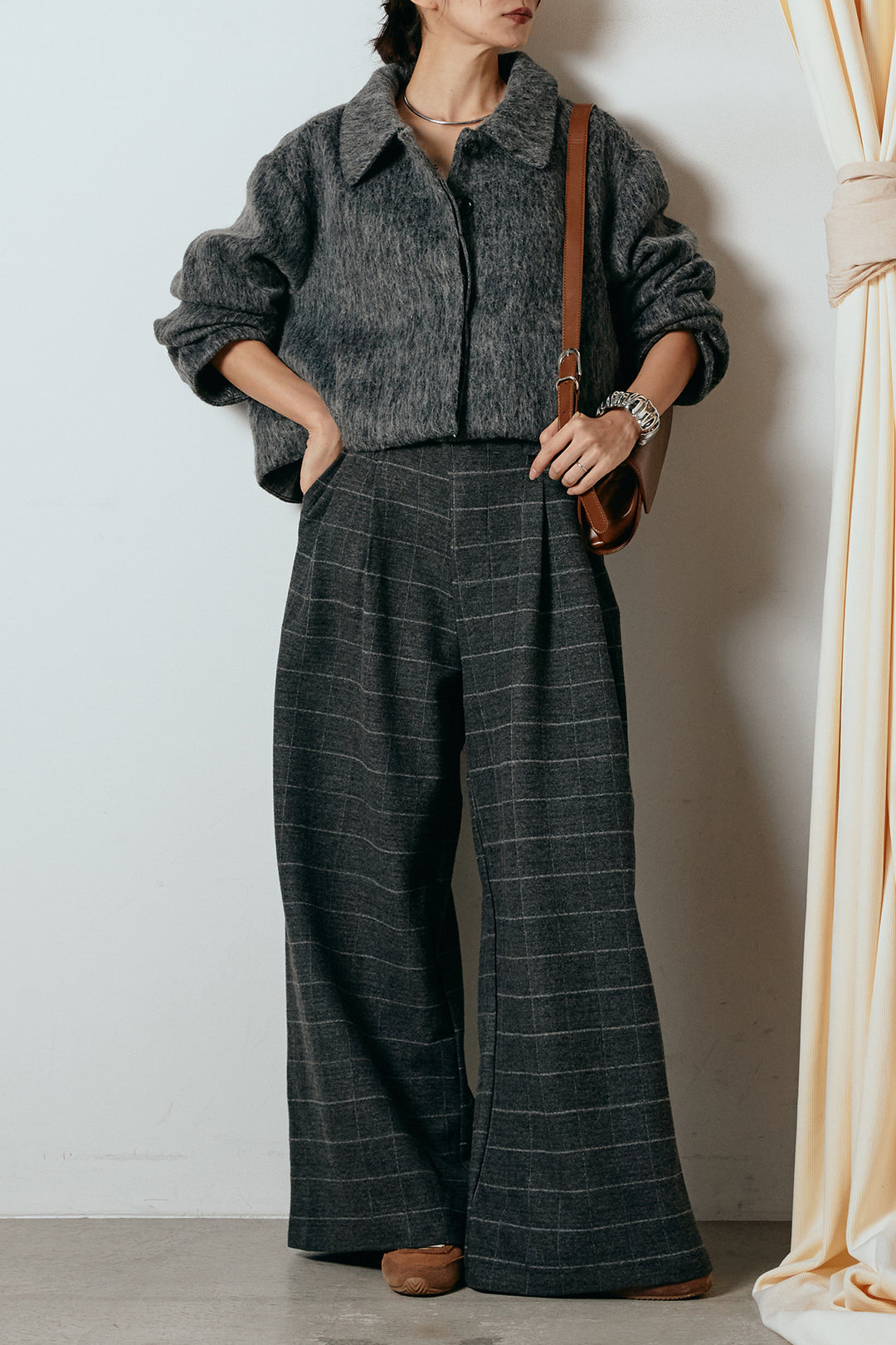[SET]シャギーショートジャケット+スクエアチェック柄ワイドパンツ(2set)