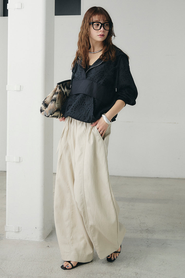 [SET]レースハーフジップアップフーディー+フェイクレザーカーブワイドパンツ(2set)