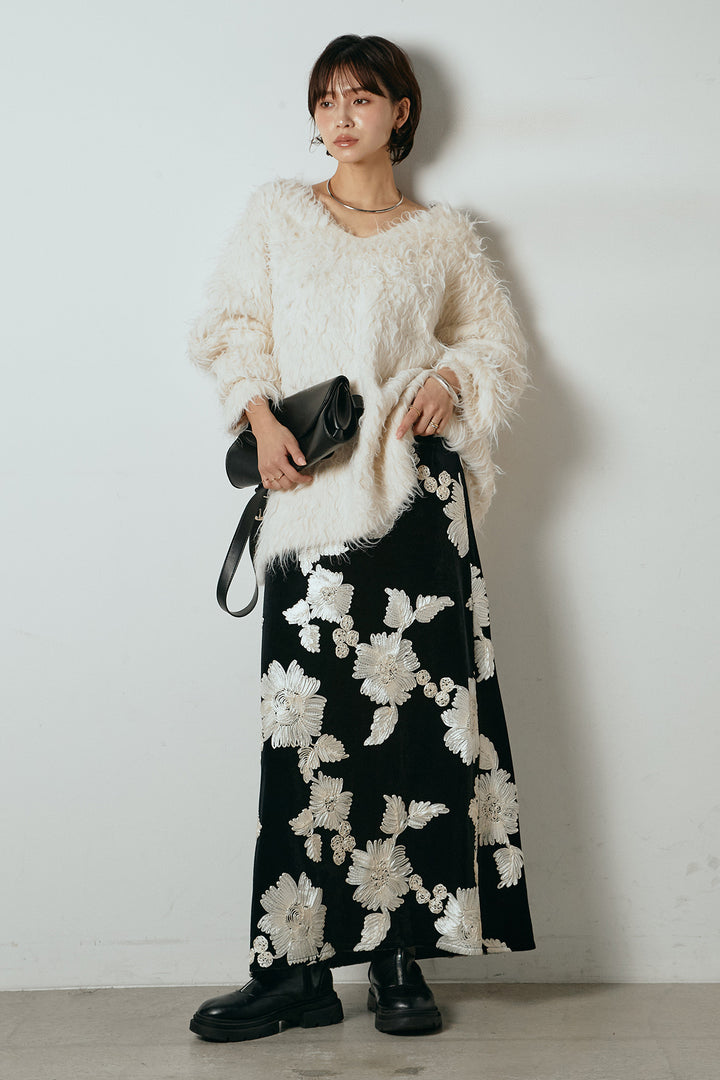 [SET]深Vネックシャギーニットトップス+フラワー刺繍ワイドスカート(2set)