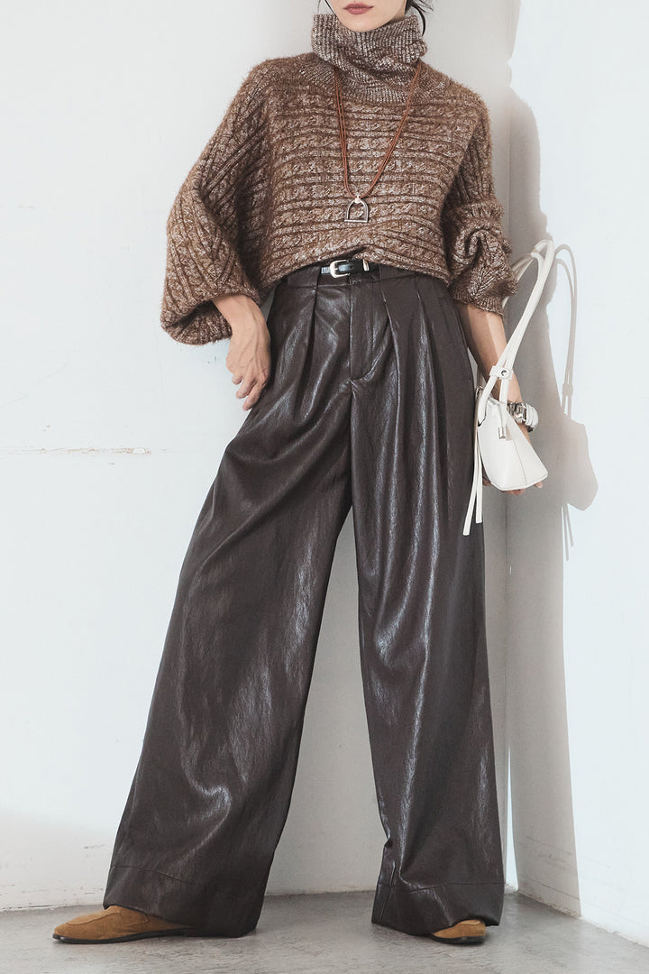 [SET]ミックス編みドルマンニットトップス+ベルト付きレザーライクタックパンツ(2set)