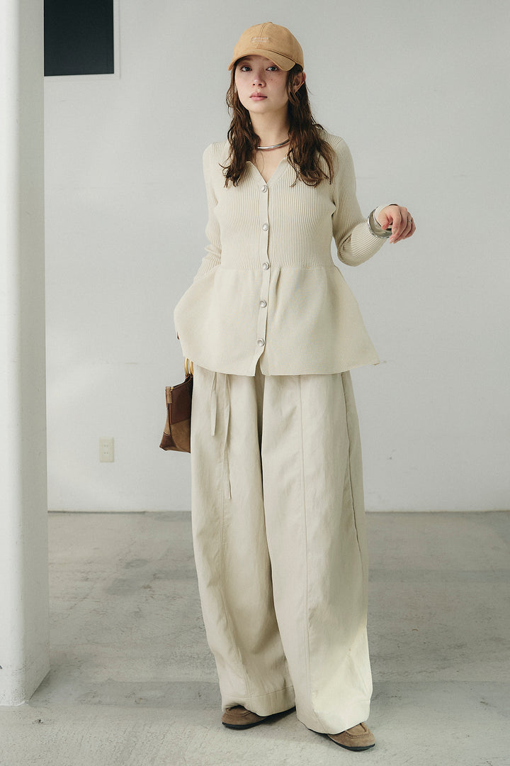 [SET]スキッパーペプラムニット+フェイクレザーカーブワイドパンツ(2set)