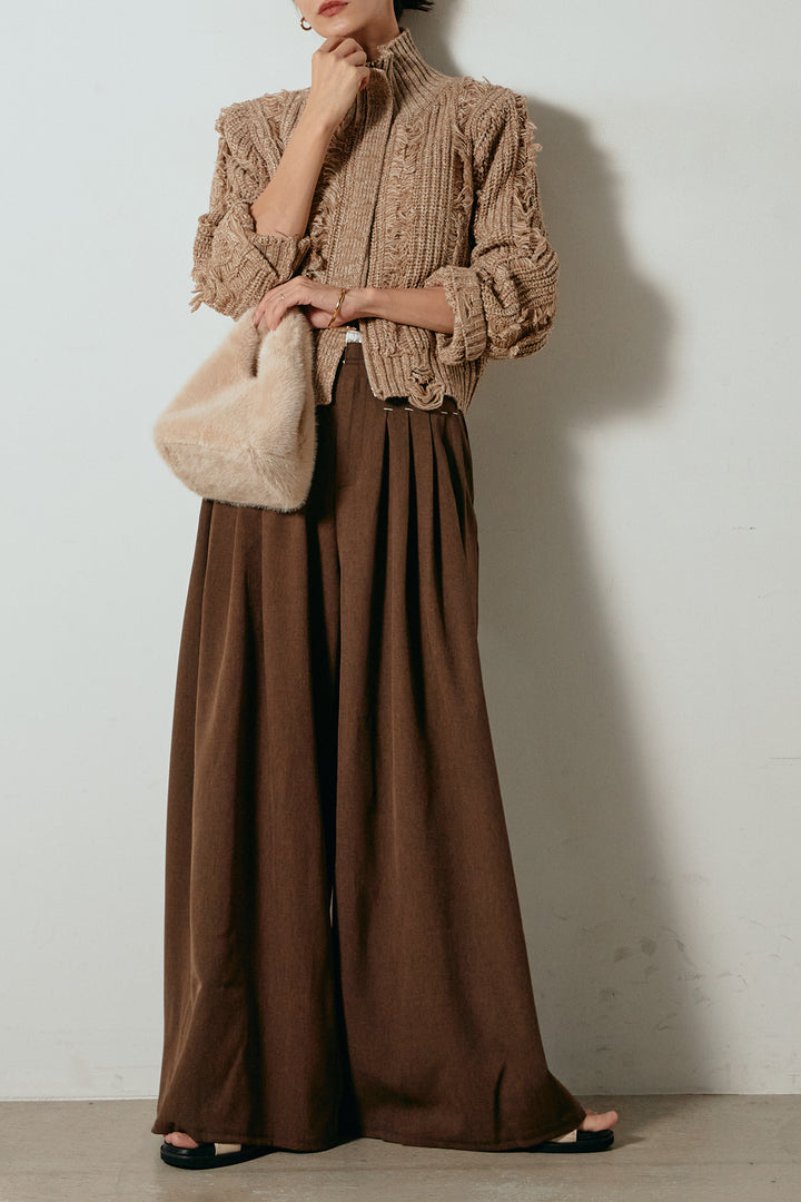 [SET]ハイネックフリンジジップニットトップス+ウエストステッチデザインワイドスラックス(2set)