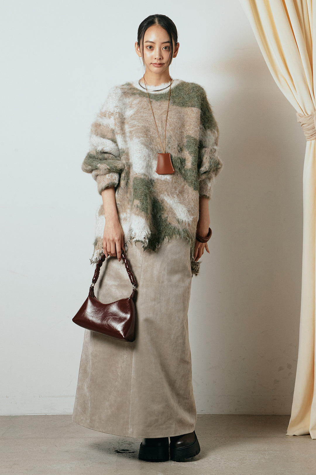 [SET]起毛裾デザインニュアンス柄ニットトップス+エコスウェードワイドスカート(2set)