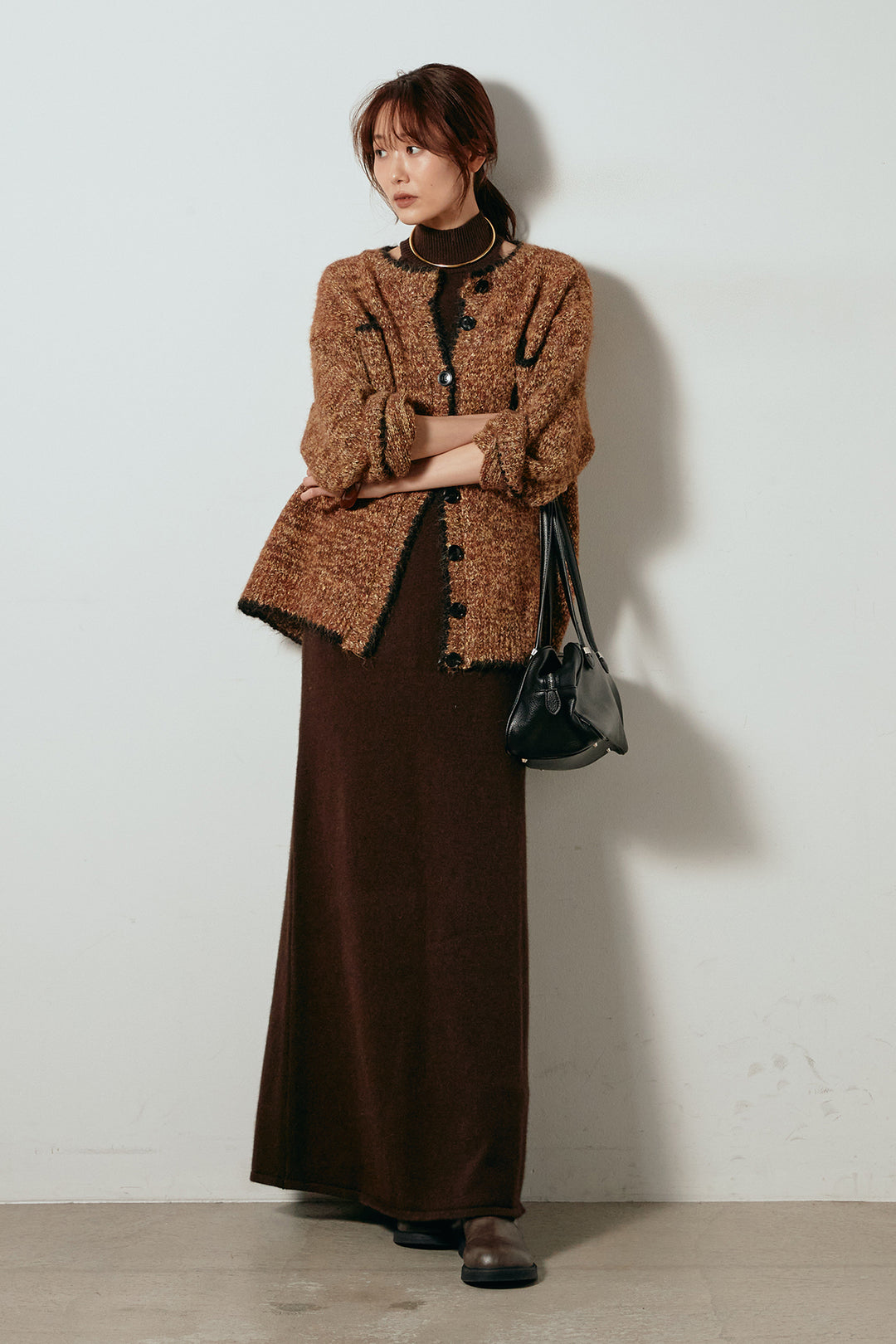 [SET]ミックスニットポケットカーディガン+ノースリーブニットロングワンピース(2set)