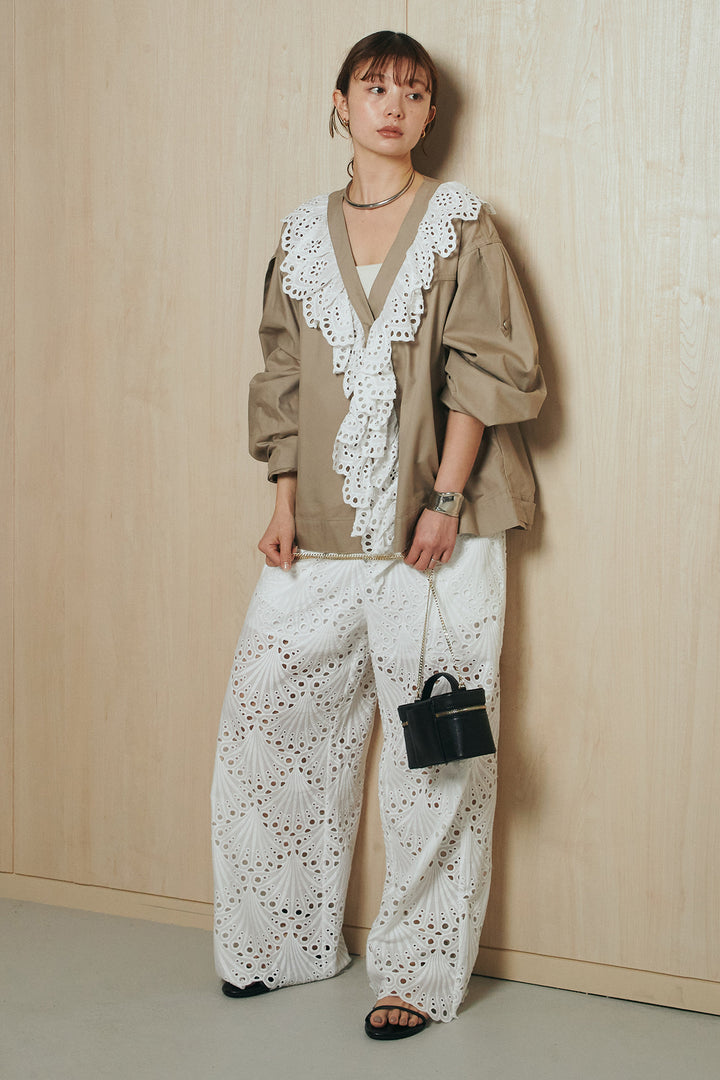 [SET]レースフリルドッキングアウター+レース刺繍リラックスパンツ(2set)