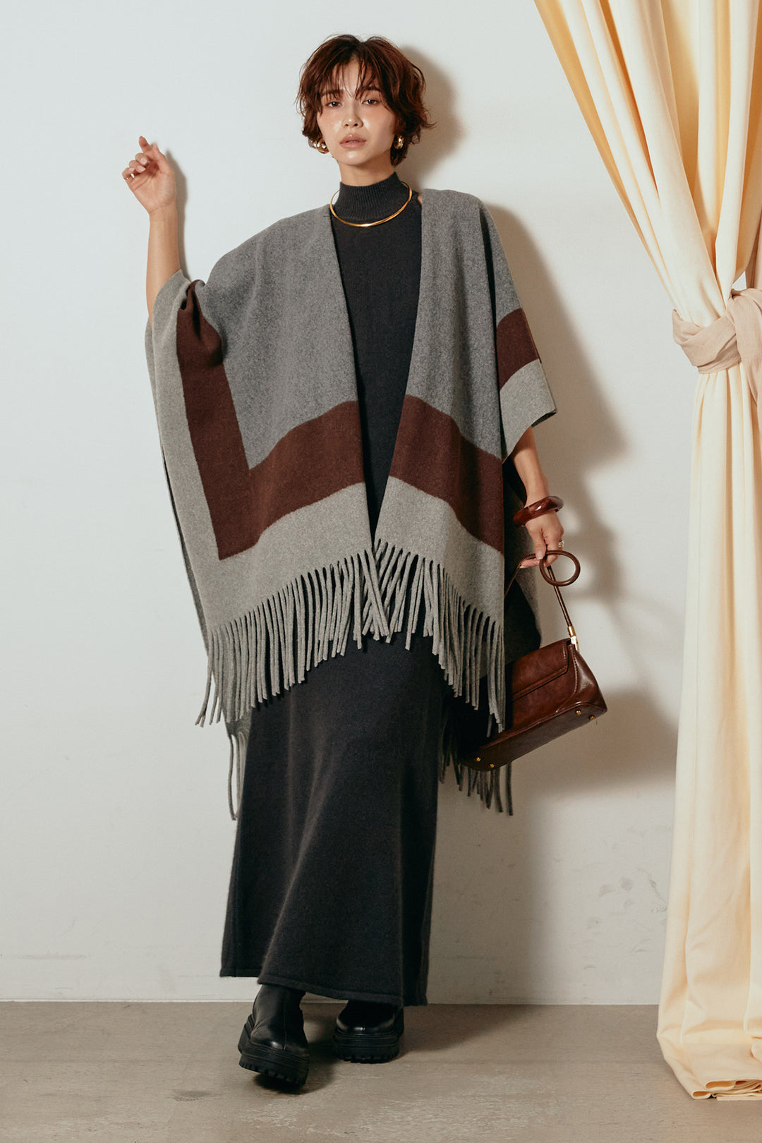 [SET]裾フリンジ柄ポンチョアウター+ノースリーブニットロングワンピース(2set)