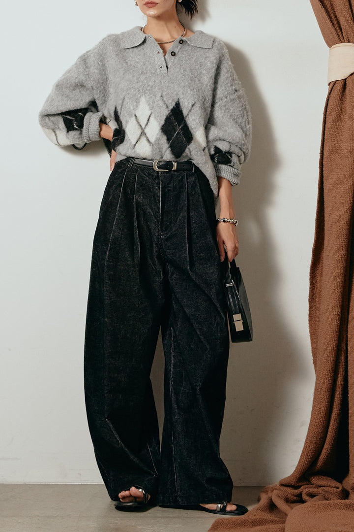 [SET]アーガイル柄ポロニットトップス+フロントタック入りコーデュロイパンツ(2set)