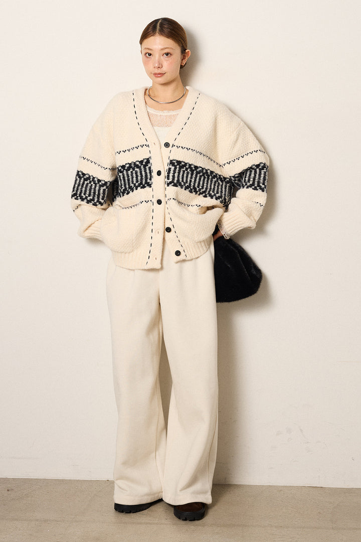 [SET]ライン柄ステッチニットカーディガン+2WAY袖コード刺繍クルーネックプルオーバー(2set)