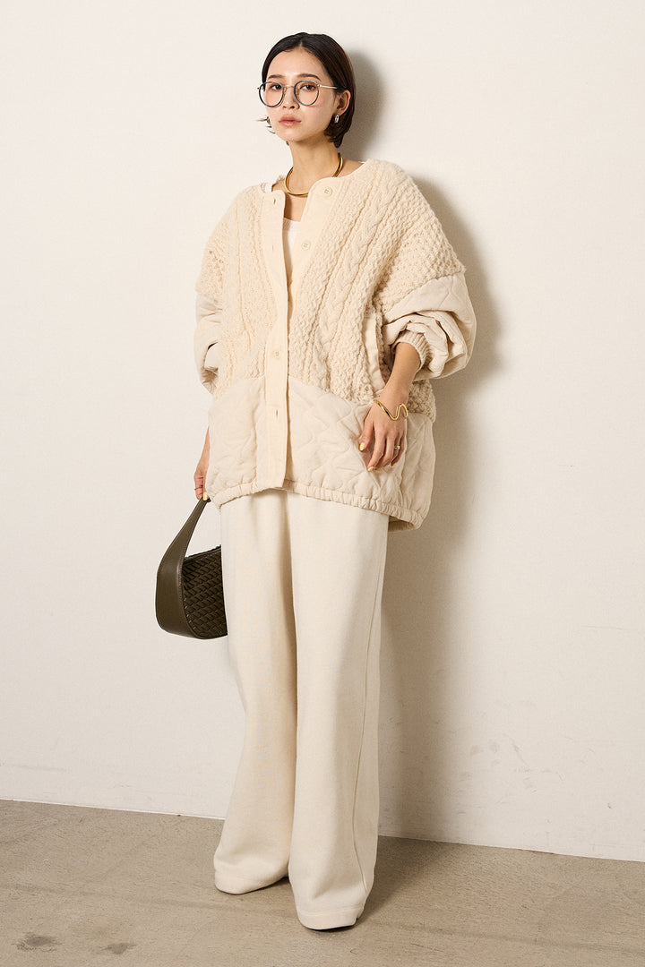 [SET]アラン編みニットノーカラー裾キルティングブルゾン+裏起毛スウェットワイドパンツ(2set)