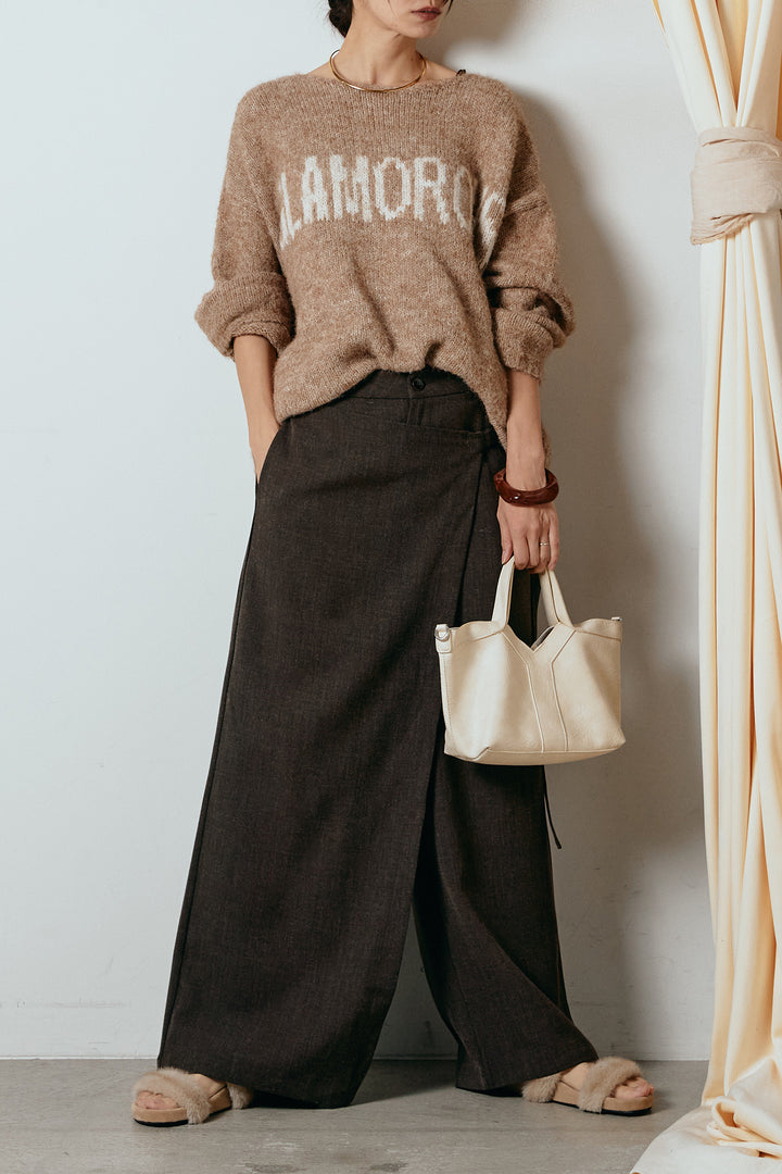 [SET]フロントロゴデザインニットトップス+ラップ巻きワイドスラックス(2set)