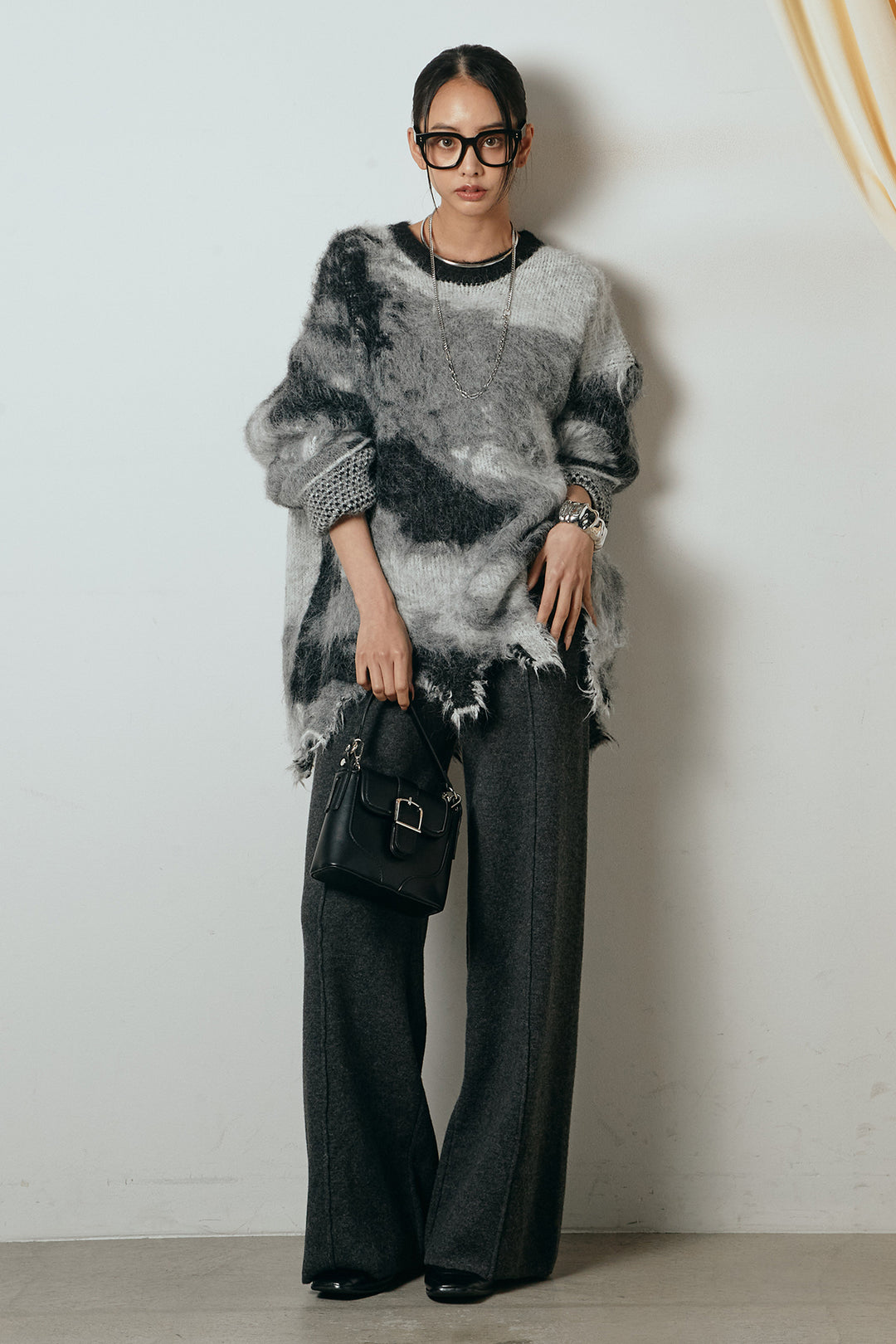 [SET]起毛裾デザインニュアンス柄ニットトップス+センターラインニットパンツ(2set)