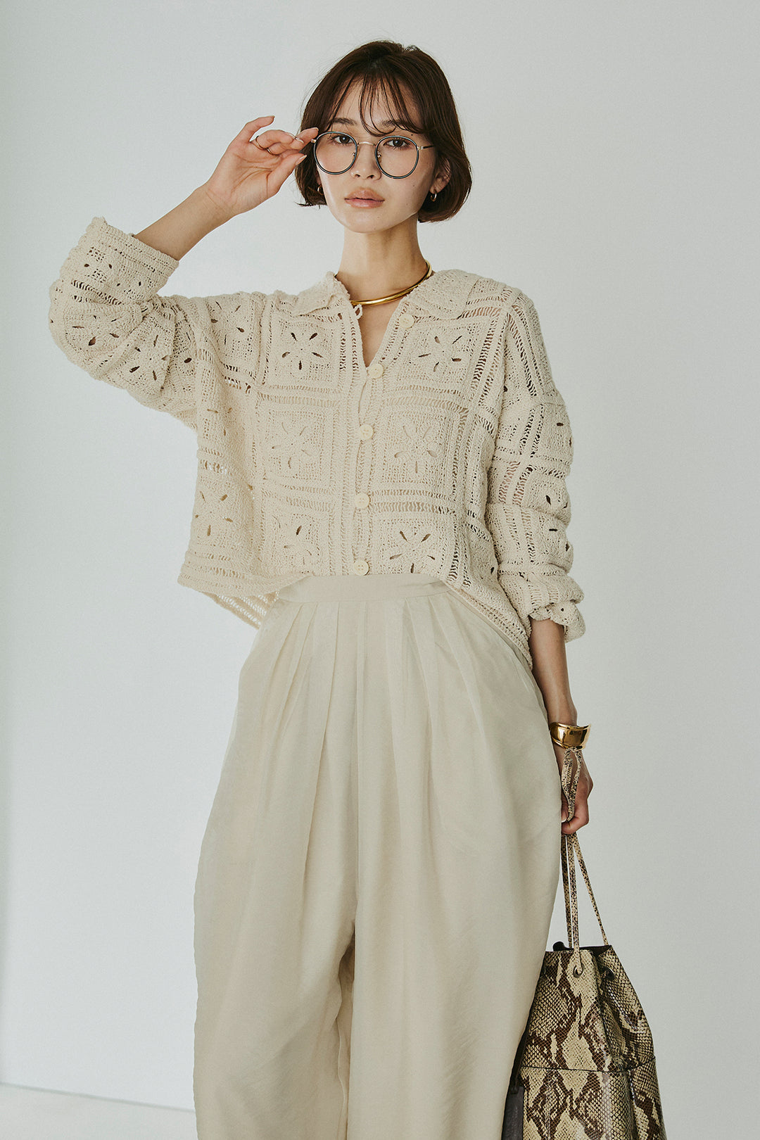 [SET]鍵編みフラワーレースカーディガン+オーガンジータックパンツ(2set)