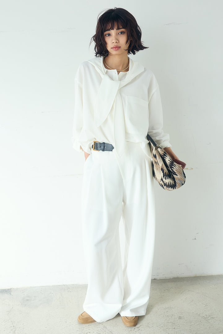 [SET]無地タイ付フーディーBIGシャツ+サイドベルトタック入りスラックス(2set)