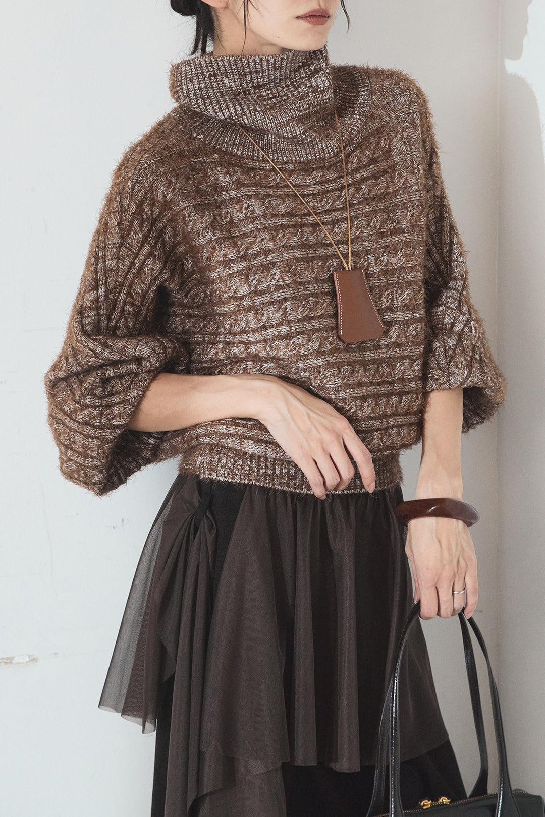 [SET]ミックス編みドルマンニットトップス+チュールレイヤードニットパンツ(2set)