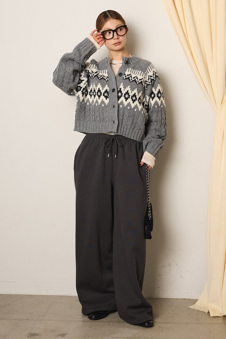[SET]2WAY求心柄ジャガードショートカーディガン+裏起毛スウェットワイドパンツ+2WAY袖コード刺繍クルーネックプルオーバー(3set)