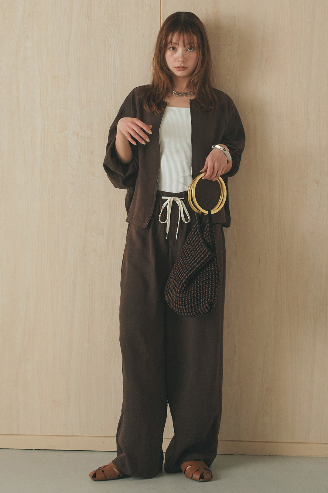 [SET]麻混ノーカラーブルゾン+麻混ウエストドロストパンツ(2set)