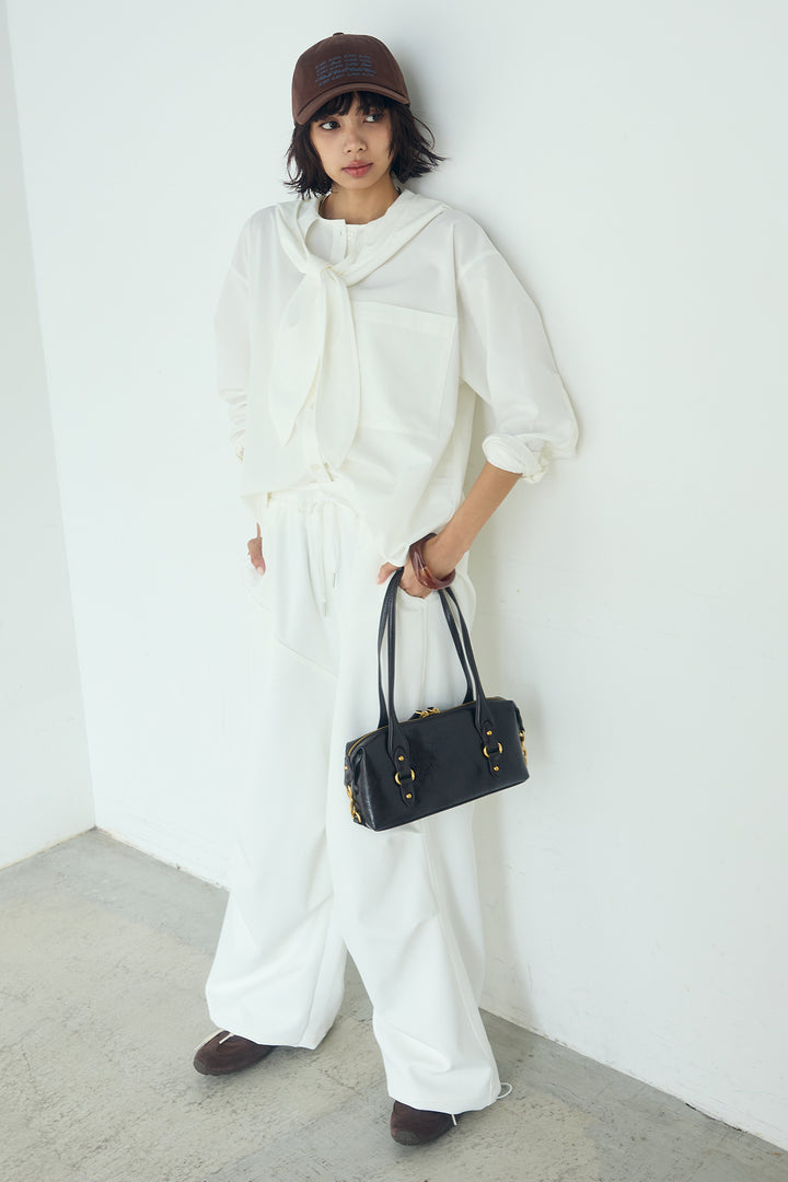 [SET]無地タイ付フーディーBIGシャツ+ランダムタックデザインワイドパンツ(2set)