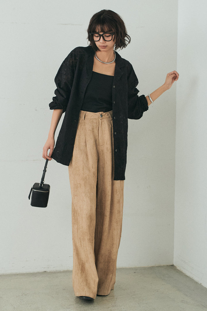 [SET]刺繍シアーオープンカラーシャツ+リネン混かすれ柄ワイドパンツ(2set)