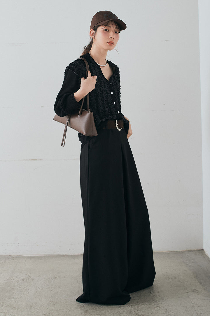 [SET]モコレースVネックカーディガン+太ベルト付きフロントタックパンツ(2set)