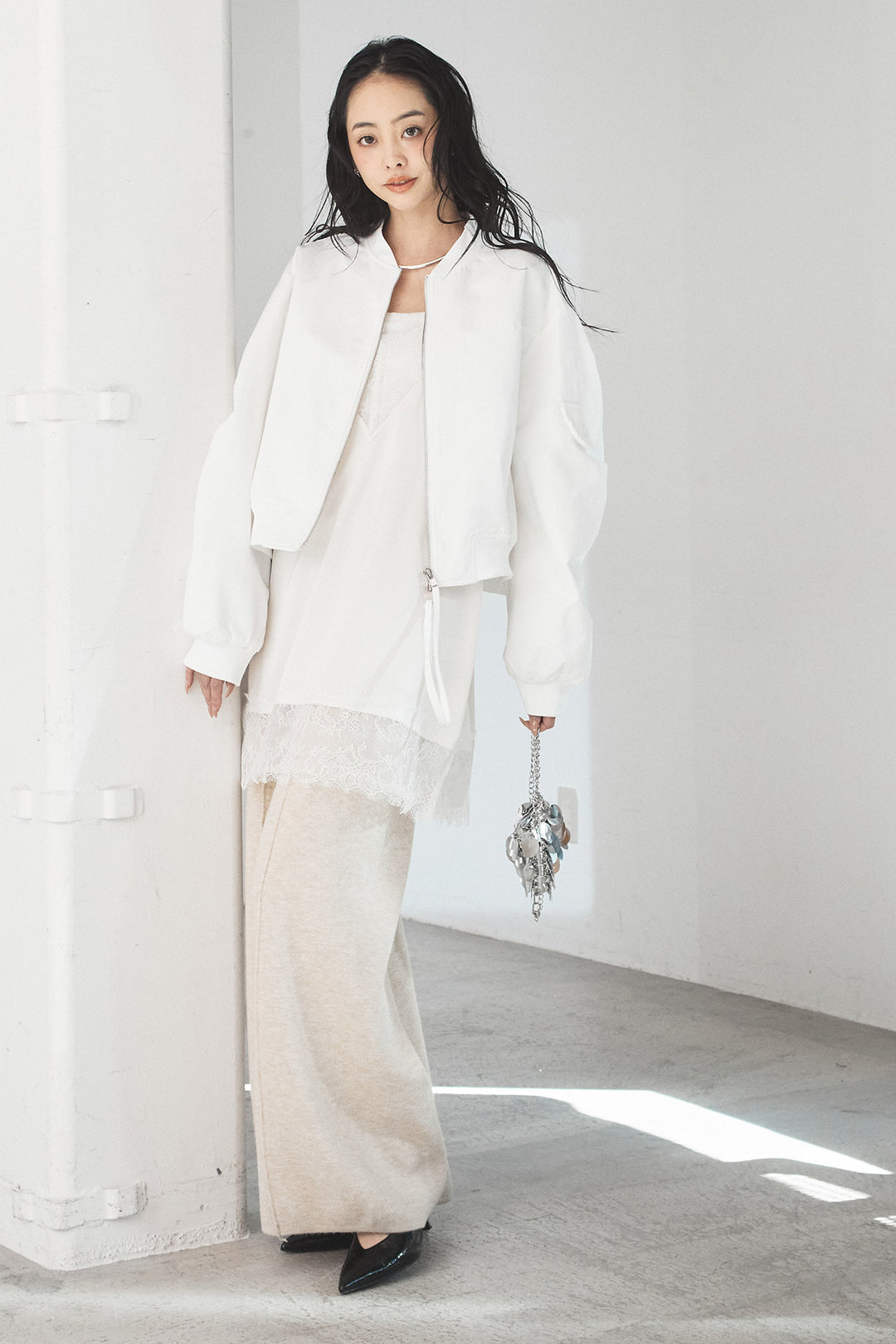 [SET]袖ギャザーデザインブルゾン+センターラインニットパンツ(2set)