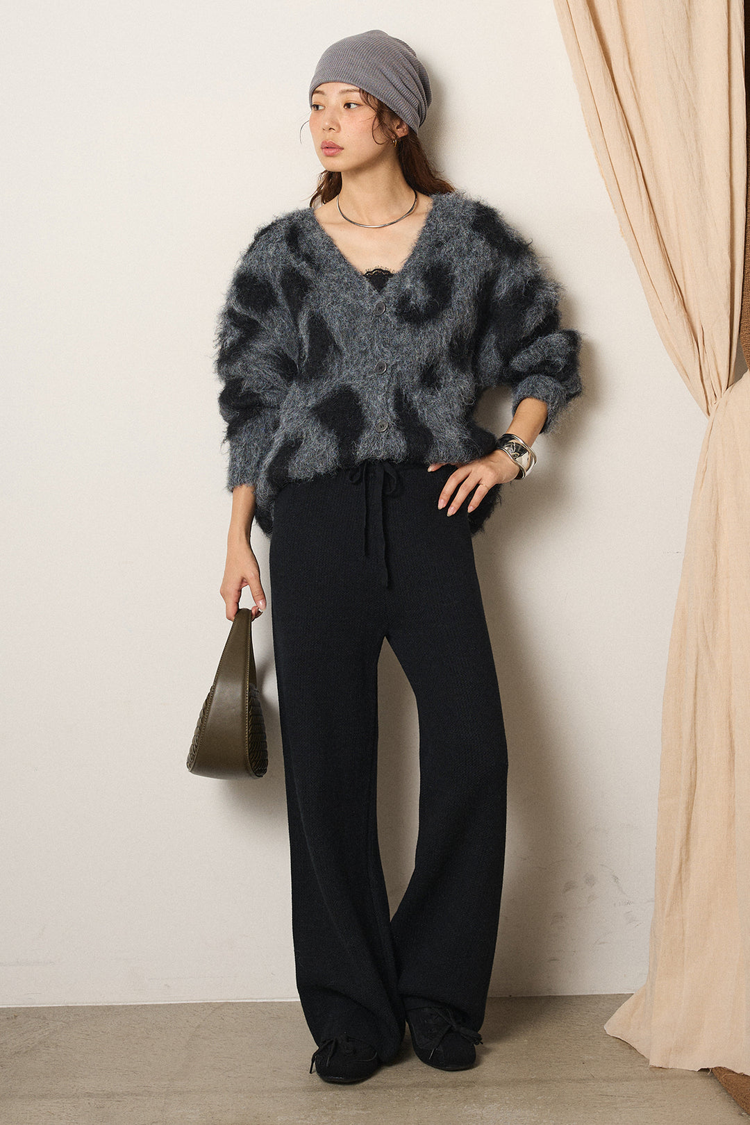 [SET]レオパードシャギータッチカーディガン+ワイドリブニットイージーパンツ(2set)
