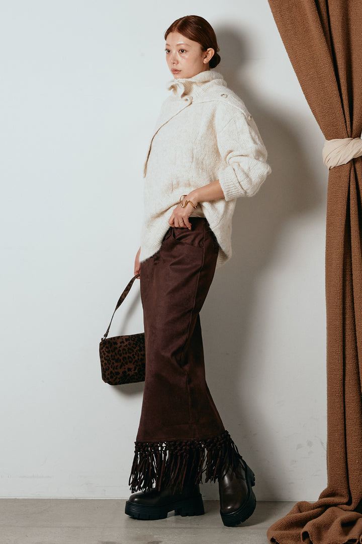 [SET]ケープデザインケーブルニットトップス+スウェードライク裾フリンジスカート(2set)