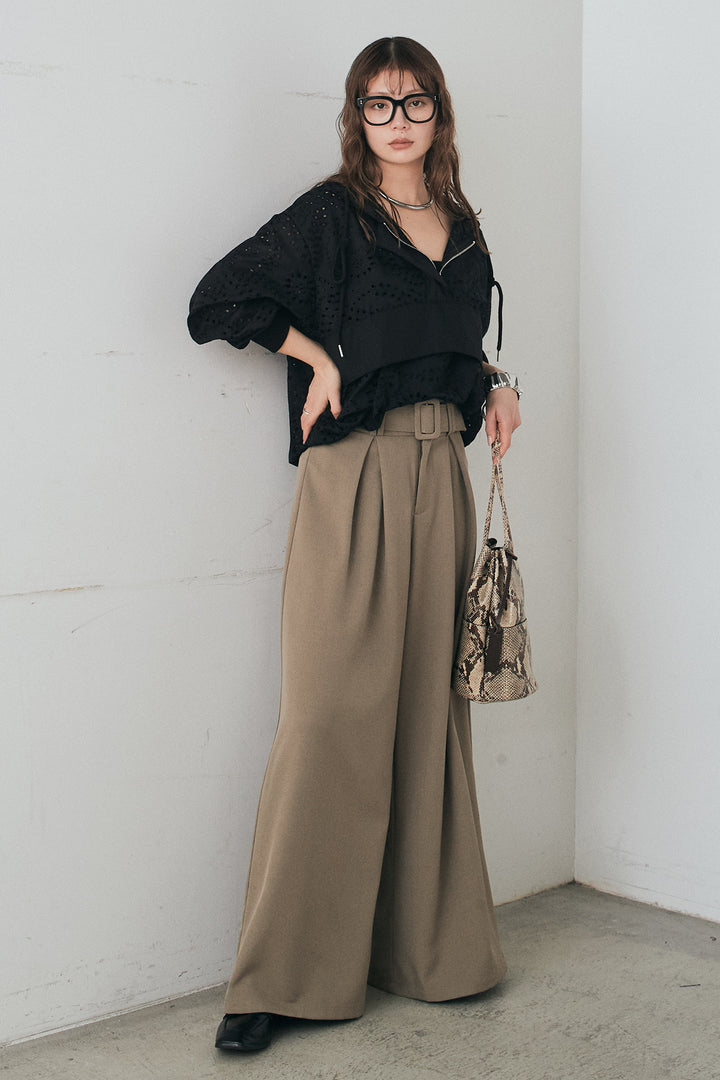 [SET]レースハーフジップアップフーディー+ベルト付きツータックワイドパンツ(2set)