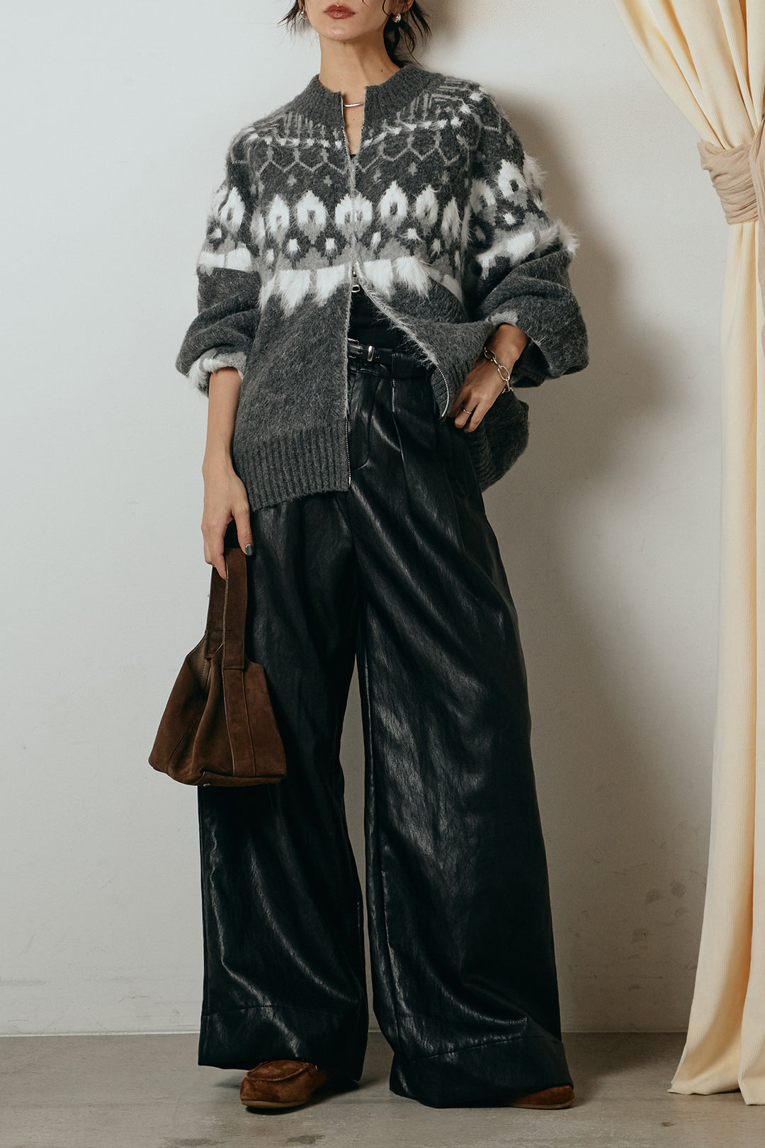 [SET]起毛ダブルジップパターンニットカーディガン+ベルト付きレザーライクタックパンツ(2set)