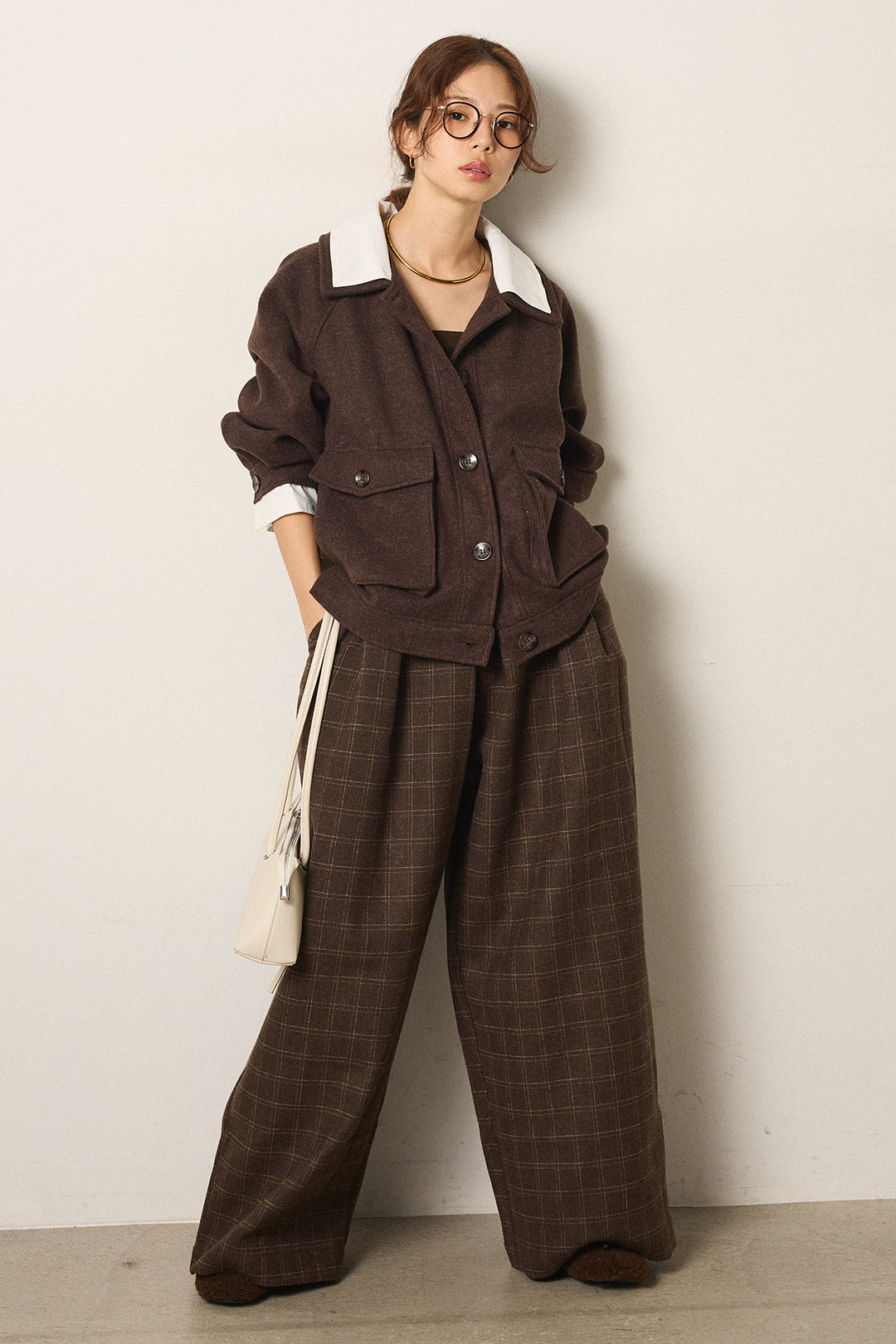 [SET]衿レイヤードフェイクウールジャケット+ウールライクチェックタックパンツ(2set)