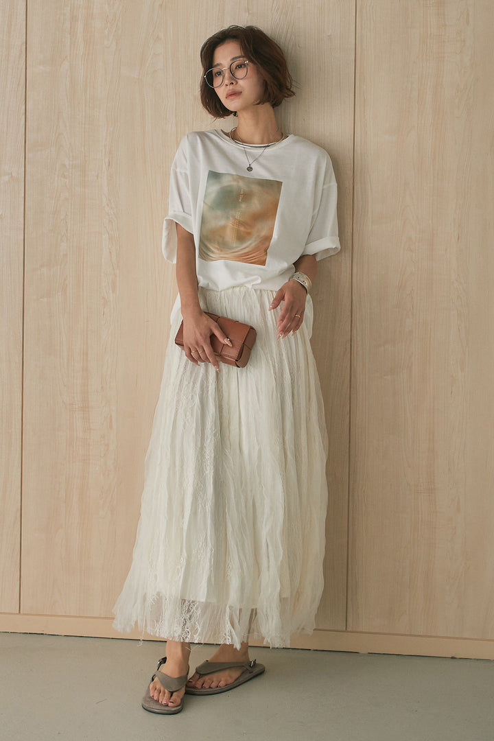 [SET]MarbleプリントTシャツ+レースコンビワッシャーギャザースカート(2set)