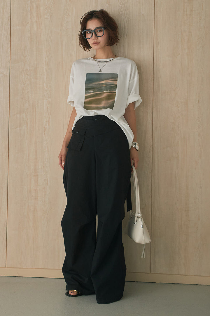 [SET]MarbleプリントTシャツ+ポケットベルト付きニーサイドタックパンツ(2set)