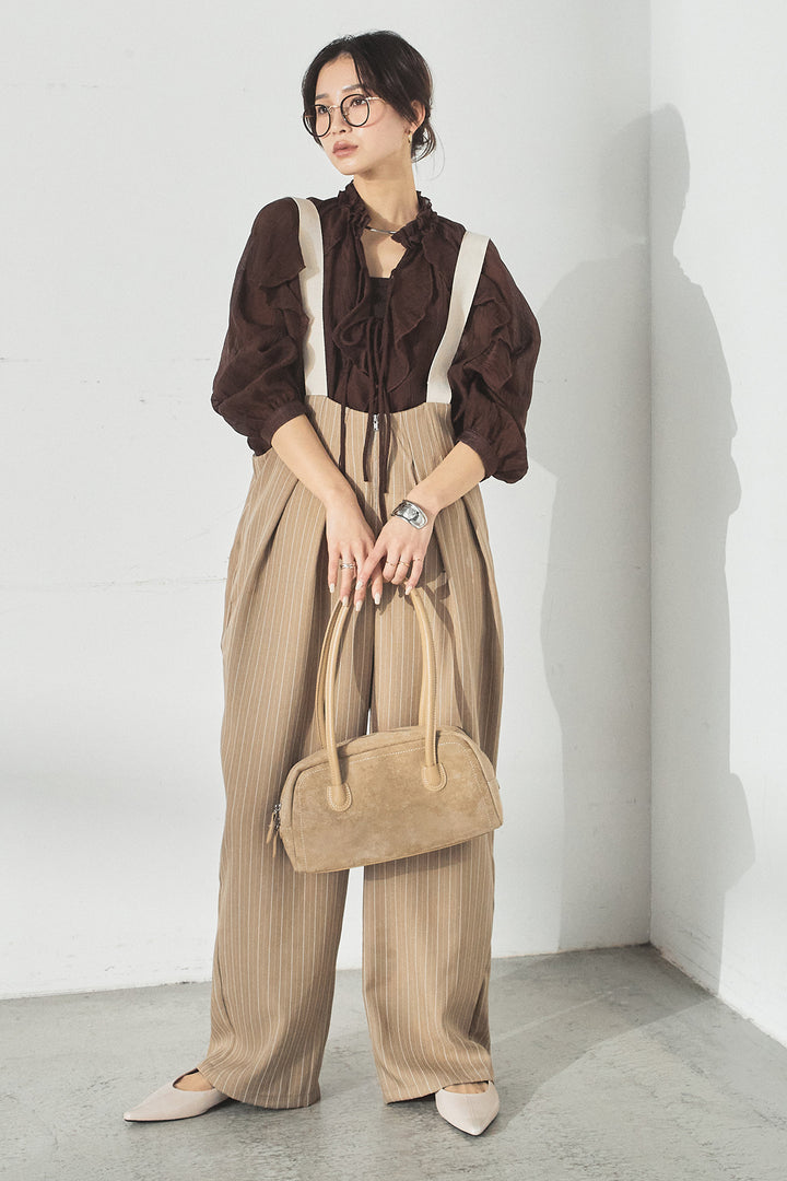 [SET]フロントリボンフリルブラウス+ピンストライプツータックサロペット(2set)