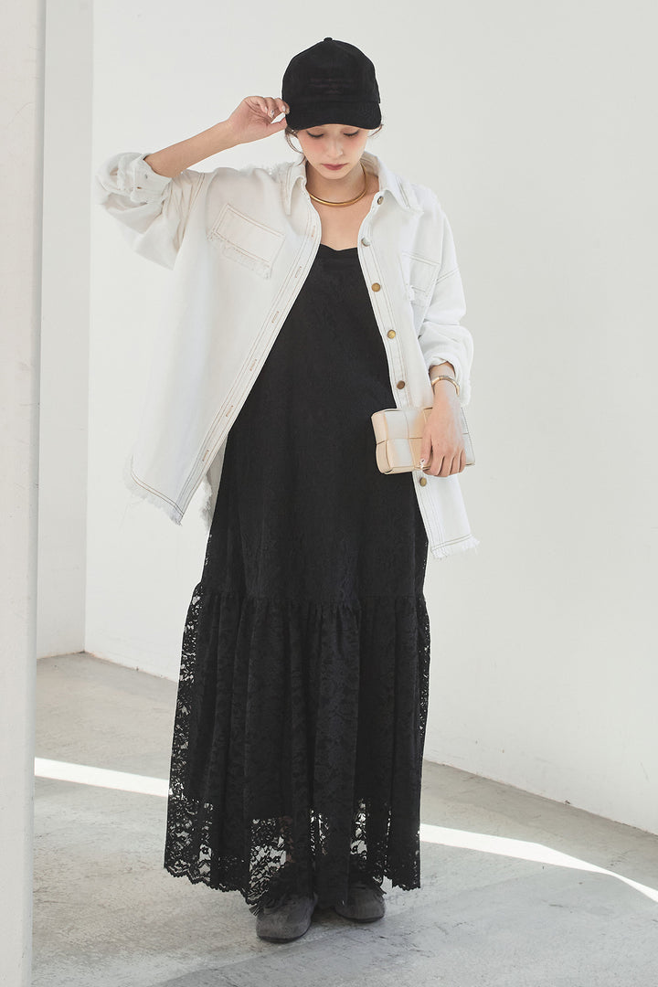 [SET]フリンジデニムジャケット+レース刺繍フレアキャミワンピース(2set)