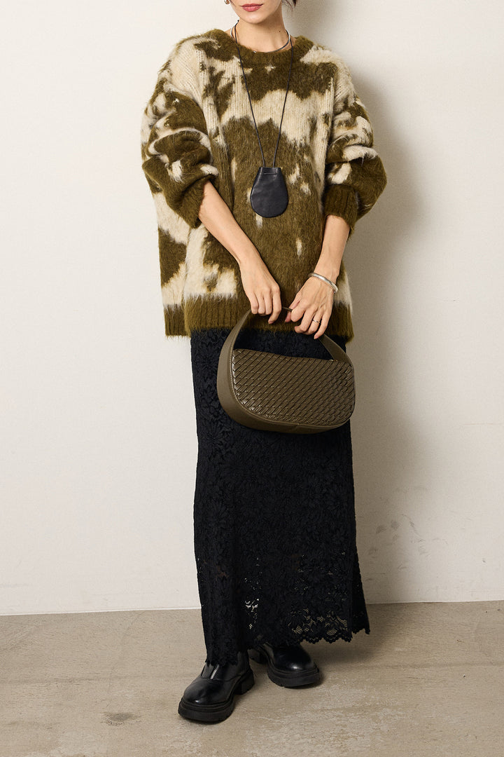 [SET]モヘアタッチマーブルニット+花柄刺繍ベロアフレアスカート(2set)