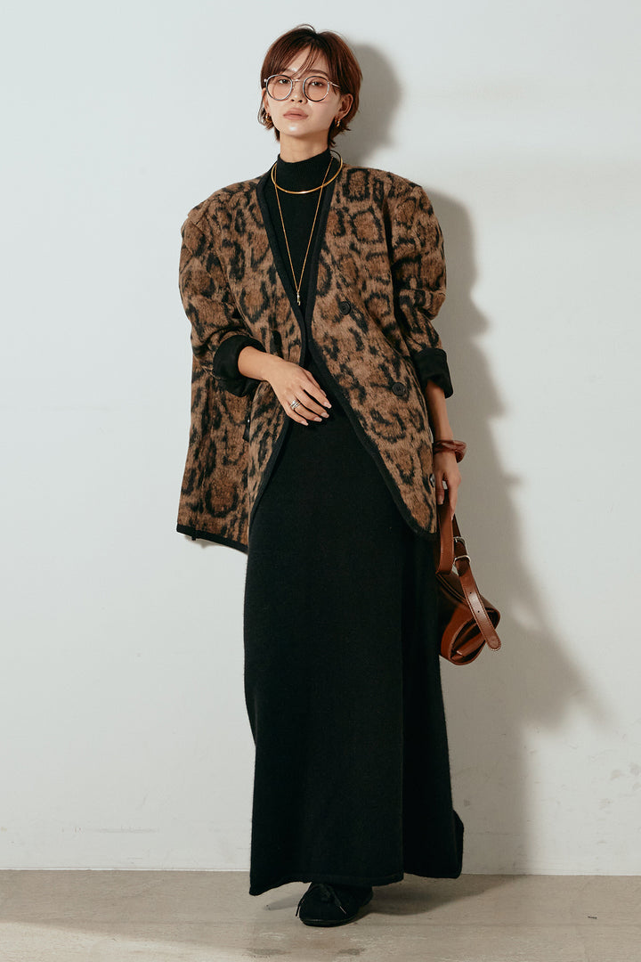 [SET]ノーカラーレオパード柄アウター+ノースリーブニットロングワンピース(2set)