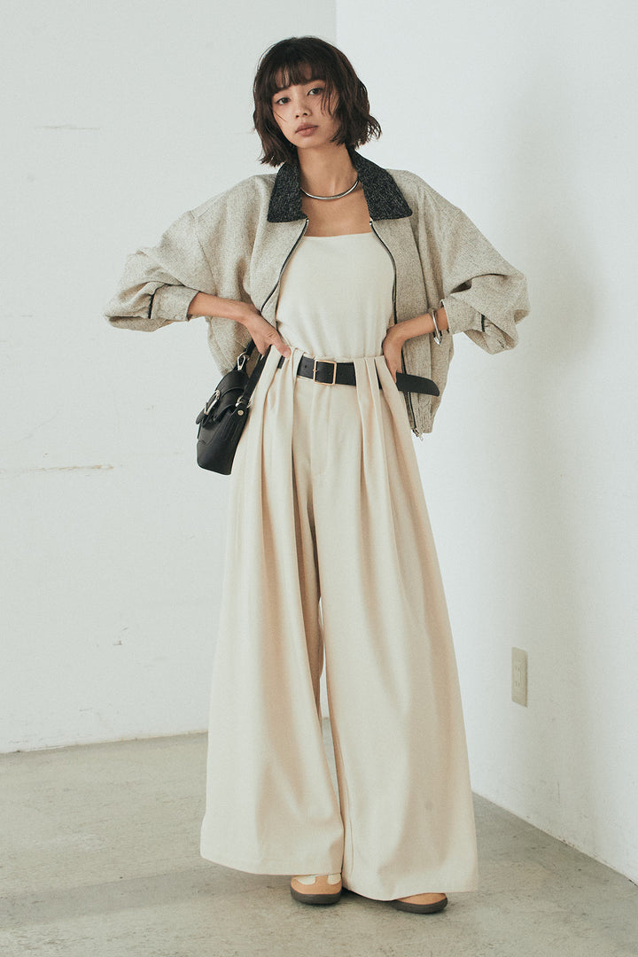 [SET]ツイード配色パイピングブルゾン+ベルト付きタックデザインハイウエストロングパンツ(2set)