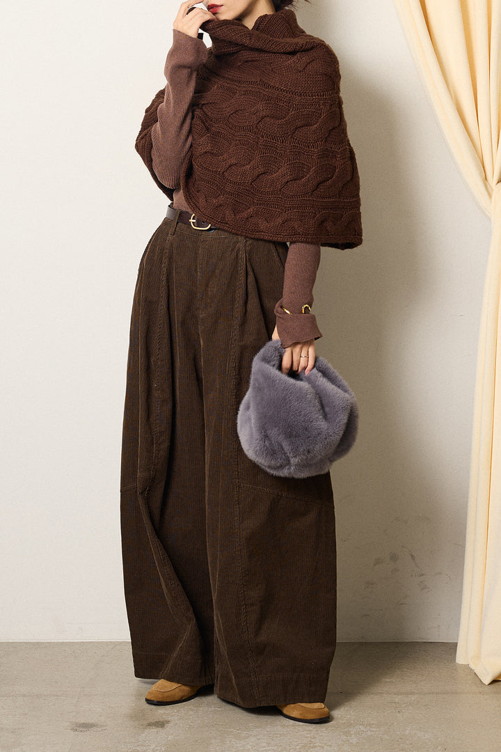 [SET]ケーブル編みケープレイヤードニット+タック入りコーデュロイワイドパンツ(2set)