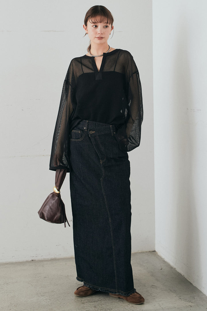 [SET]メッシュカットソースキッパープルオーバー+ウエストクロスデニムタイトスカート(2set)