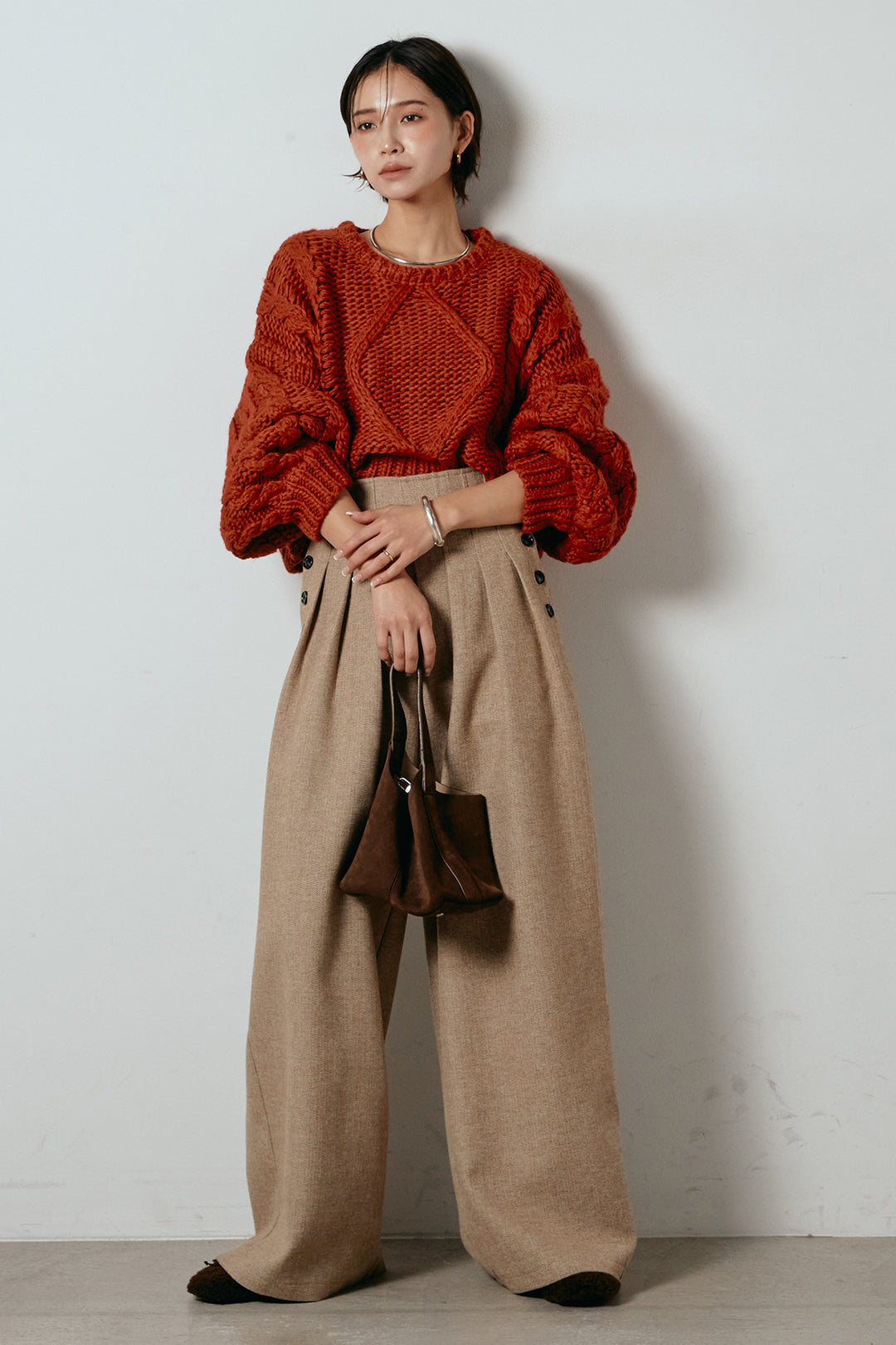 [SET]ロービングケーブルショート丈プルオーバー+サイドボタンツイードタックパンツ(2set)