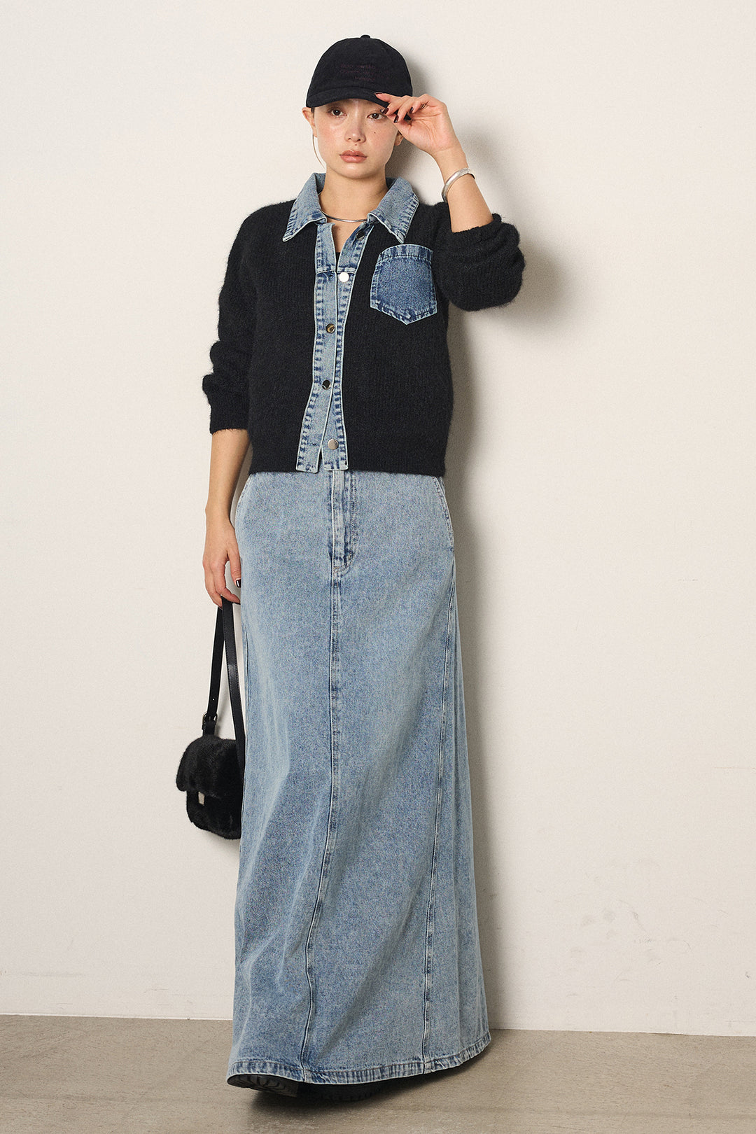 [SET]襟付きデニム切替ニットカーディガン+デニムロングフレアスカート(2set)