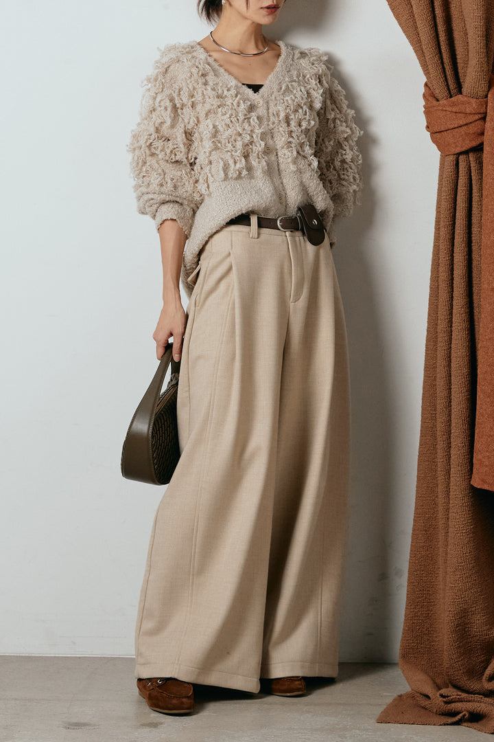 [SET]ループ編みVネックニットカーディガン+ポーチベルト付きカーブパンツ(2set)