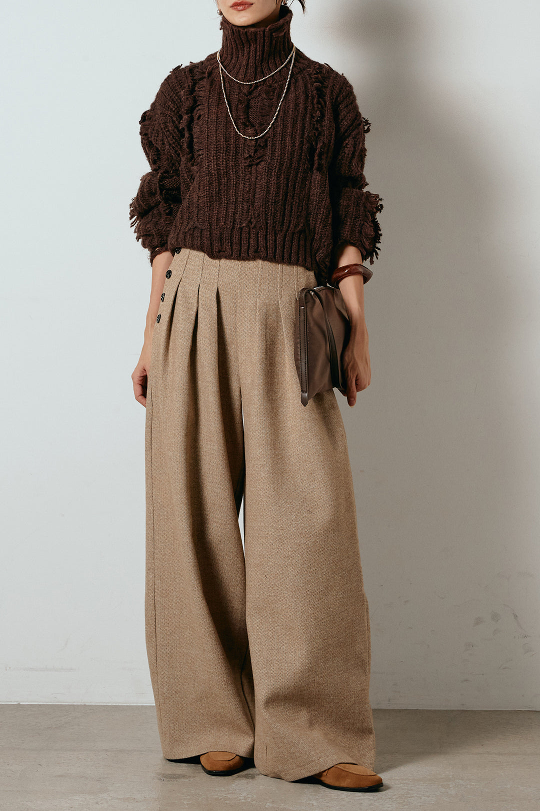 [SET]フリンジタートルショートニット+サイドボタンツイードタックパンツ(2set)