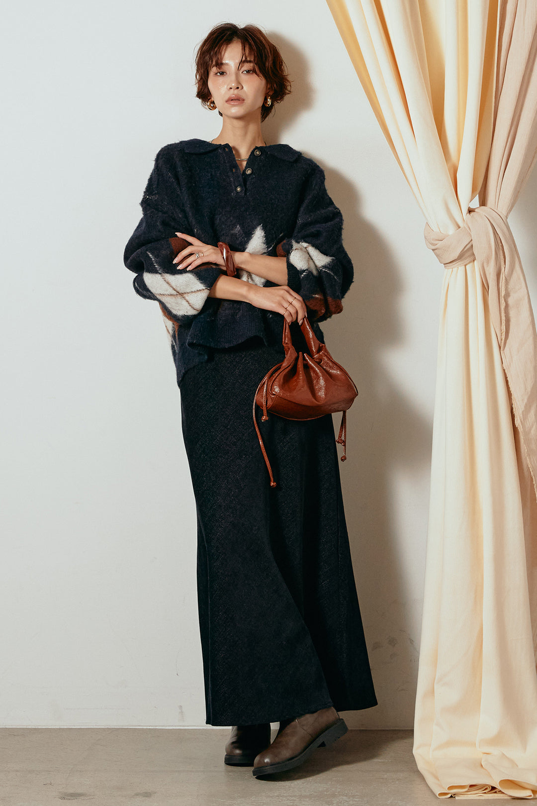 [SET]アーガイル柄ポロニットトップス+スウェードライクロングスカート(2set)