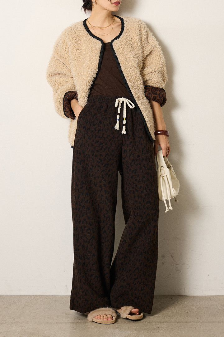 [SET]ノーカラー裏地レオパードボアアウター+レオパードジャガードニットパンツ(2set)