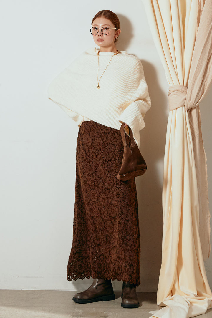 [SET]ケープデザインリブニットトップス+花柄刺繍ベロアフレアスカート(2set)