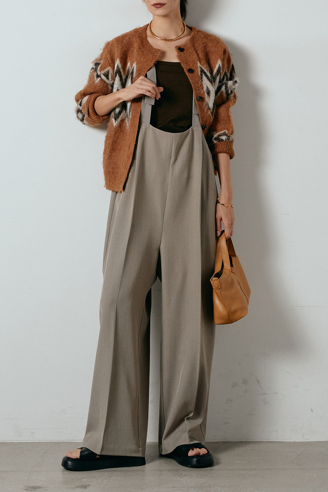 [SET]起毛ノルディック柄ニットカーディガン+ワイドツイルサロペット(2set)