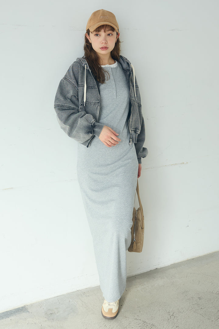 [SET]デニムダブルジップパーカーブルゾン+レイヤード見えヘンリーネックロングワンピース(2set)