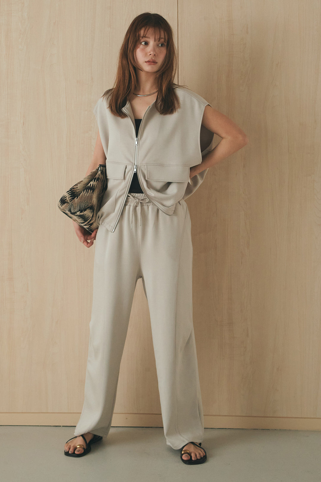 [SET]ボンディング生地ジップベスト+ボンディング生地コクーンパンツ(2set)